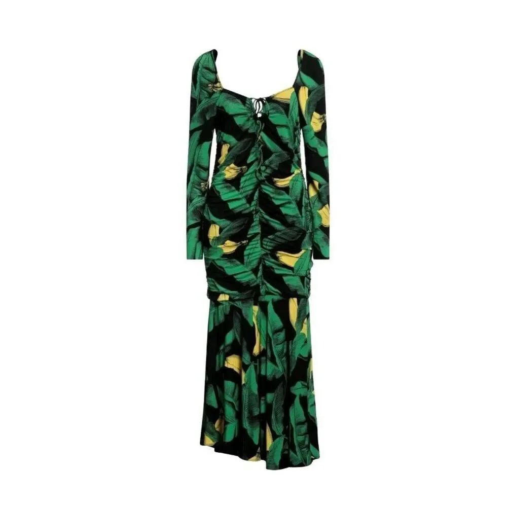 NWT GANNI Banana Print Ruched Midi Mesh Dress Size 6 US New